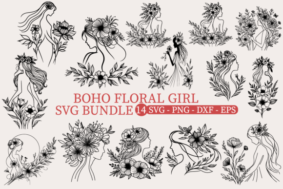Boho Floral Girl Svg Bundle