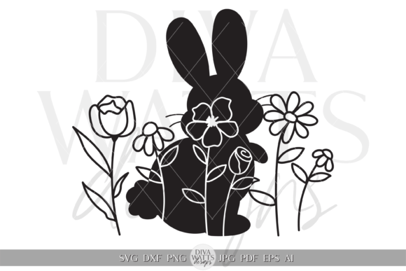Bunny Silhouette and Floral Elements SVG