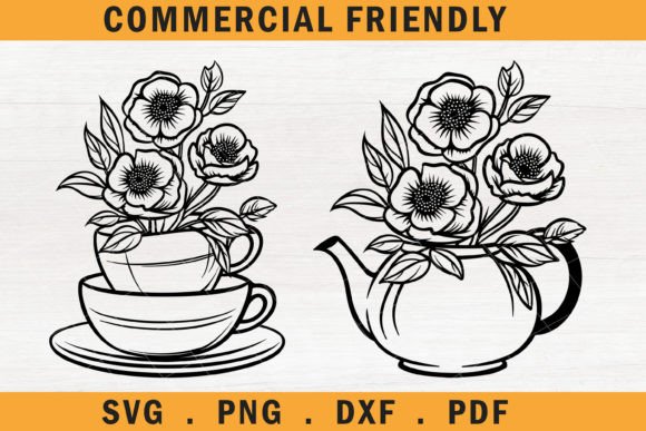 Floral Teapot Svg, Farmhouse Teacup Svg